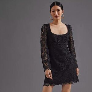 Anthropologie Maeve Embroidered Lace Mini Dress Black Bell Sleeves Women’s Sz 0